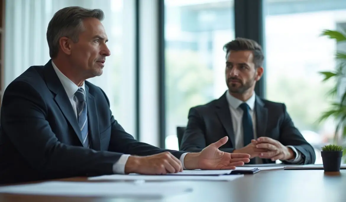 Two men in suits in business meeting. General counsel provides legal advice. Corporate lawyer consulting in modern office. Teamwork, collaboration, discussion. Law, justice, business concept.