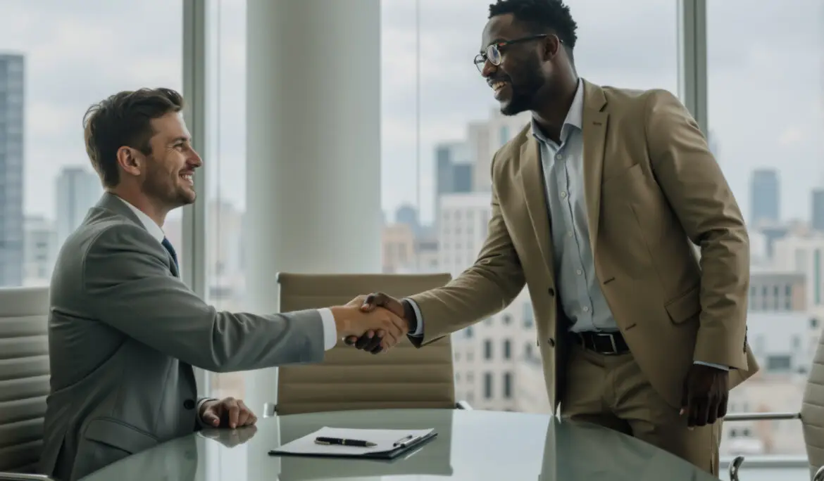 Businessmen shaking hands across a table in a modern office meeting room. Two men sealing a deal and partnership. Partners signing contract. Agreement success