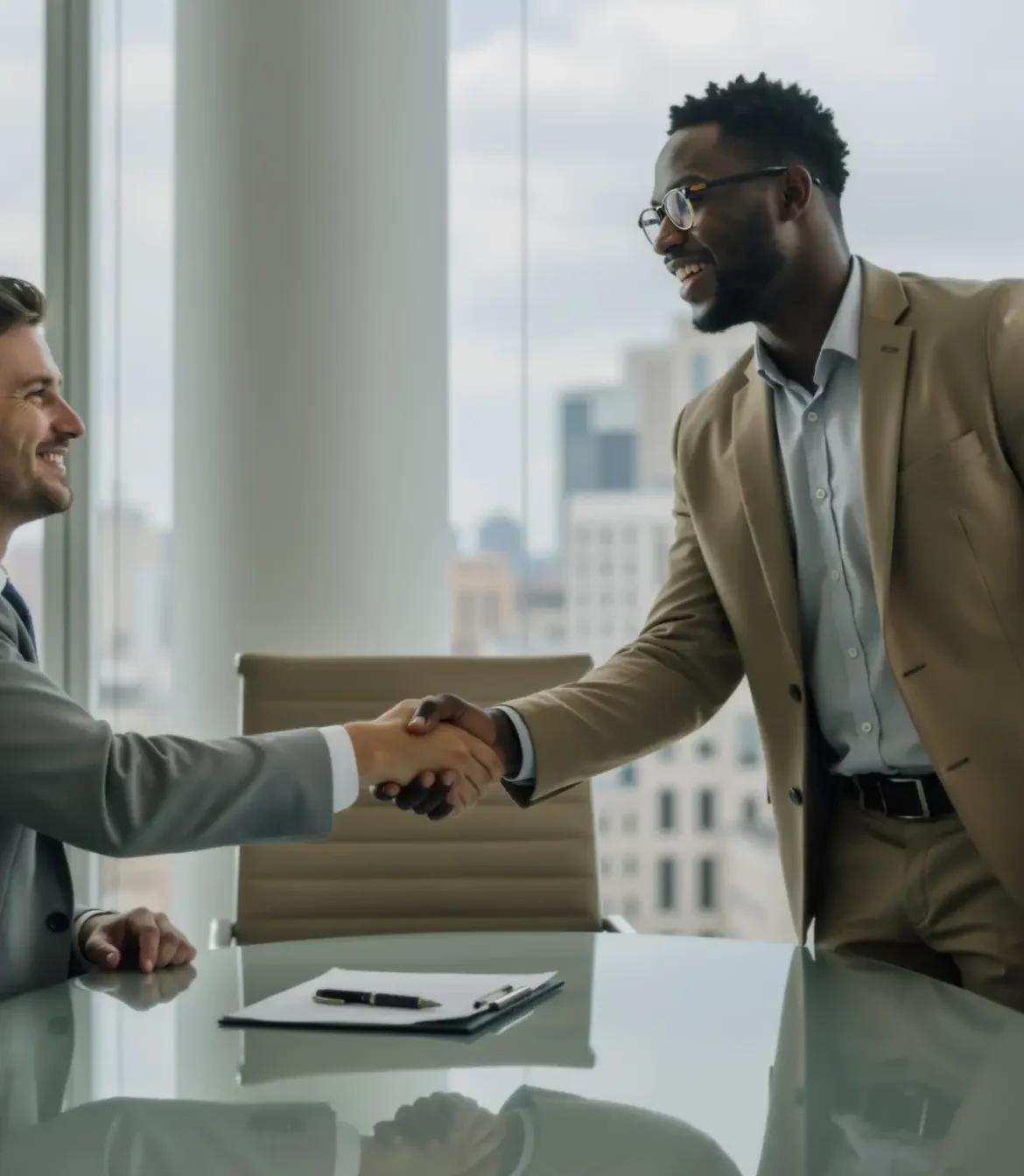 Businessmen shaking hands across a table in a modern office meeting room. Two men sealing a deal and partnership. Partners signing contract. Agreement success Businessmen shaking hands across a table in a modern office meeting room. Two men sealing a deal and partnership. Partners signing contract. Agreement success