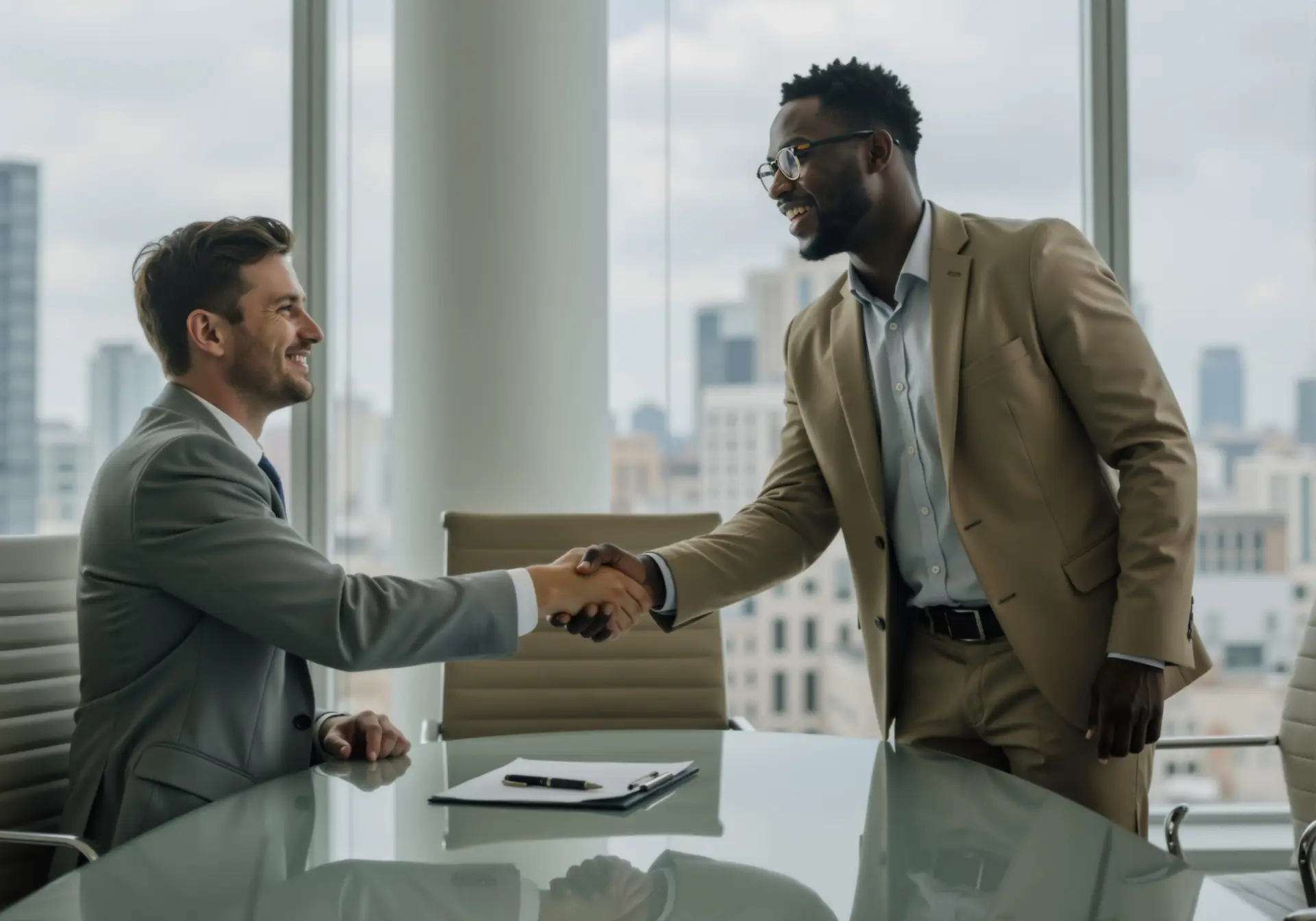 Businessmen shaking hands across a table in a modern office meeting room. Two men sealing a deal and partnership. Partners signing contract. Agreement success