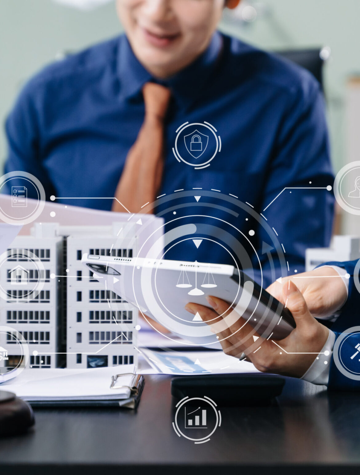 business meeting with legal and real estate advisors using AI technology, digital interfaces, and data-driven planning in a smart office business meeting with legal and real estate advisors using AI technology, digital interfaces, and data-driven planning in a smart office