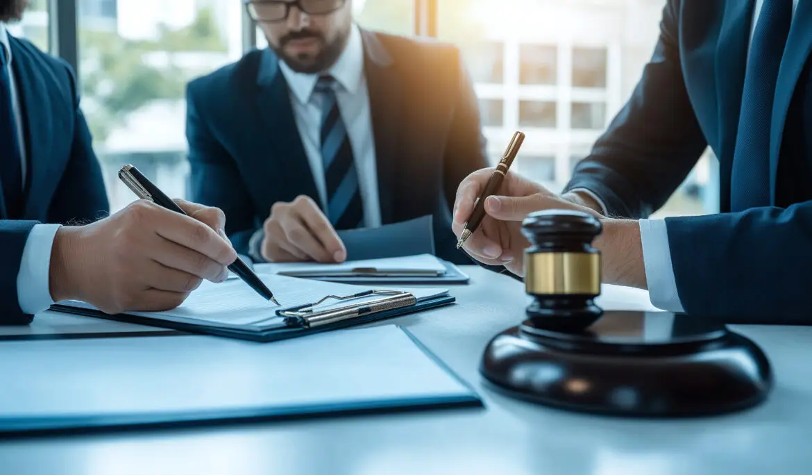 Business professionals in suits with gavel discussing legal documents around a conference table in a modern office setting.