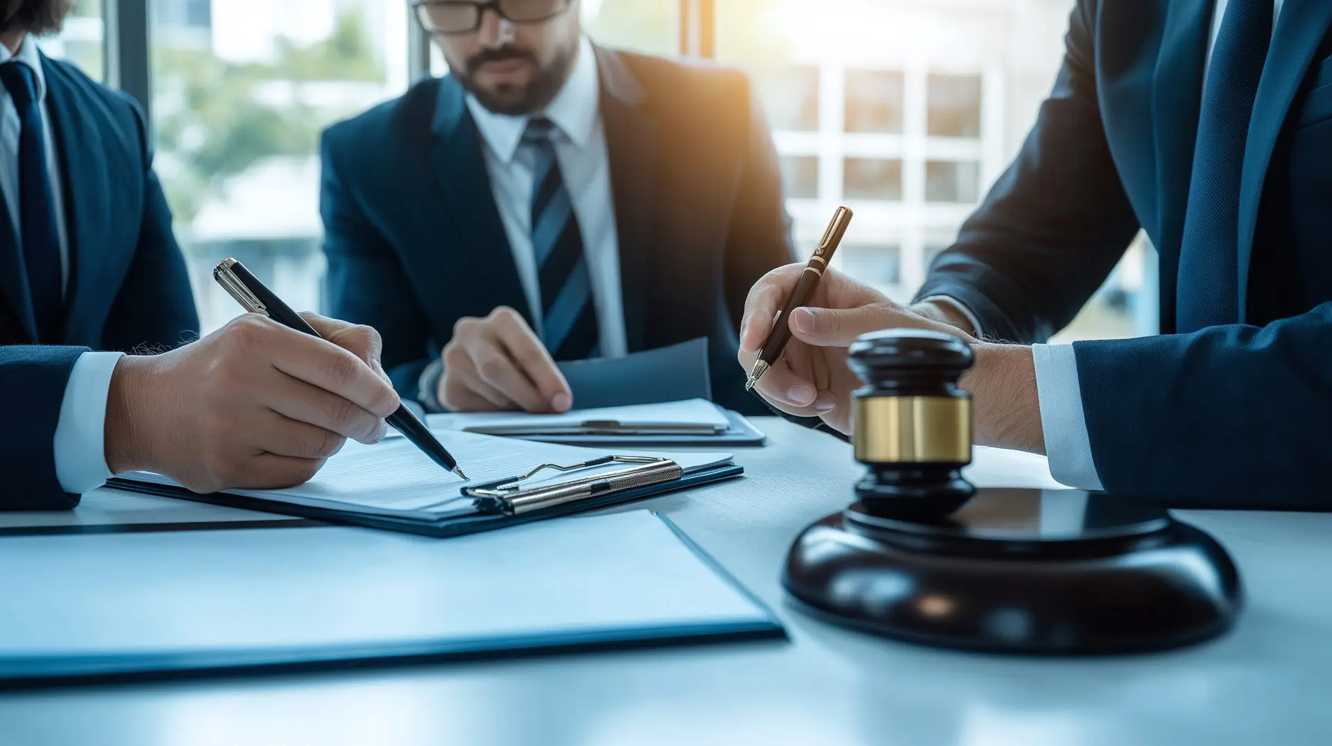 Business professionals in suits with gavel discussing legal documents around a conference table in a modern office setting.