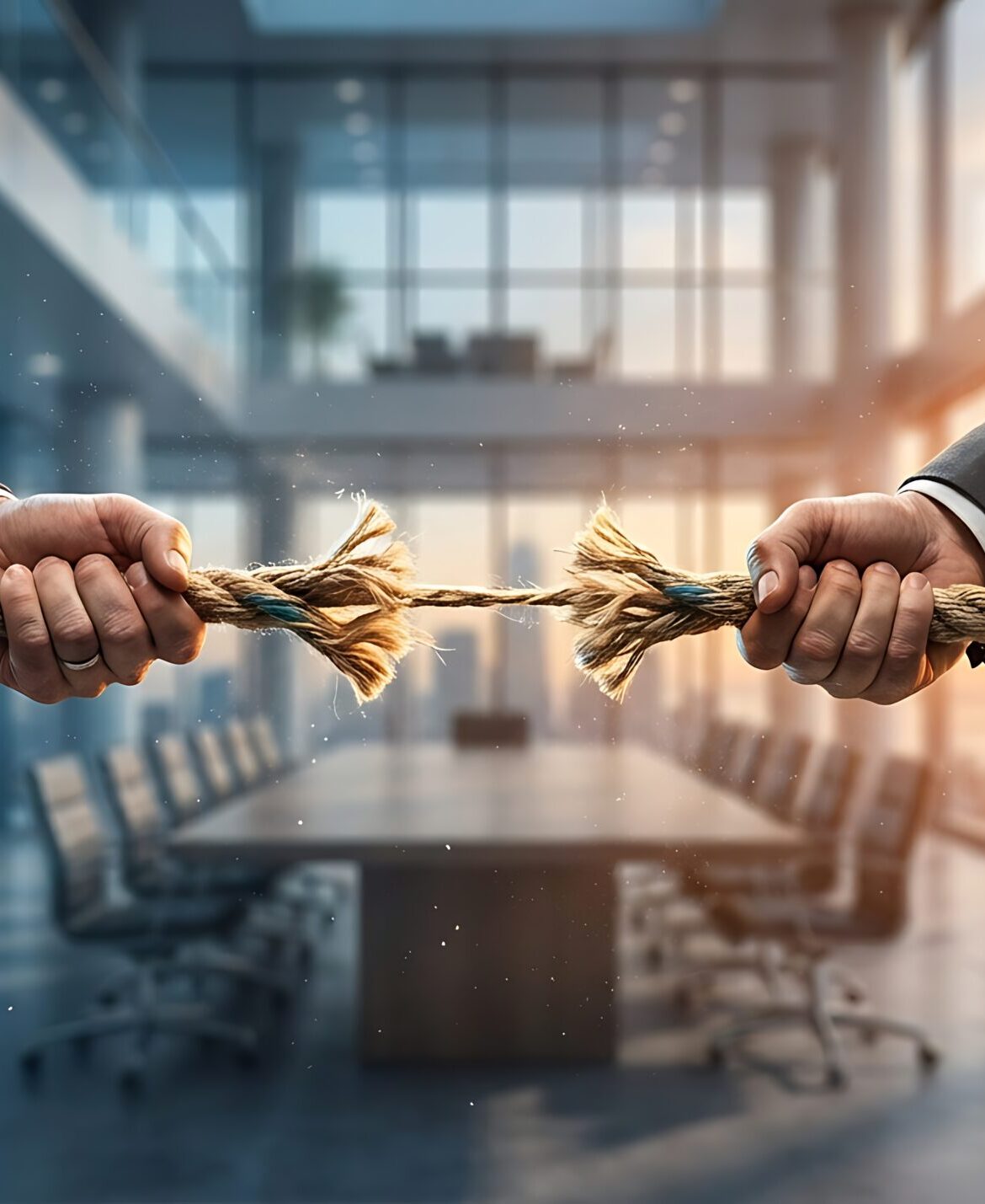 Businessmen Pulling Rope in Office Setting.