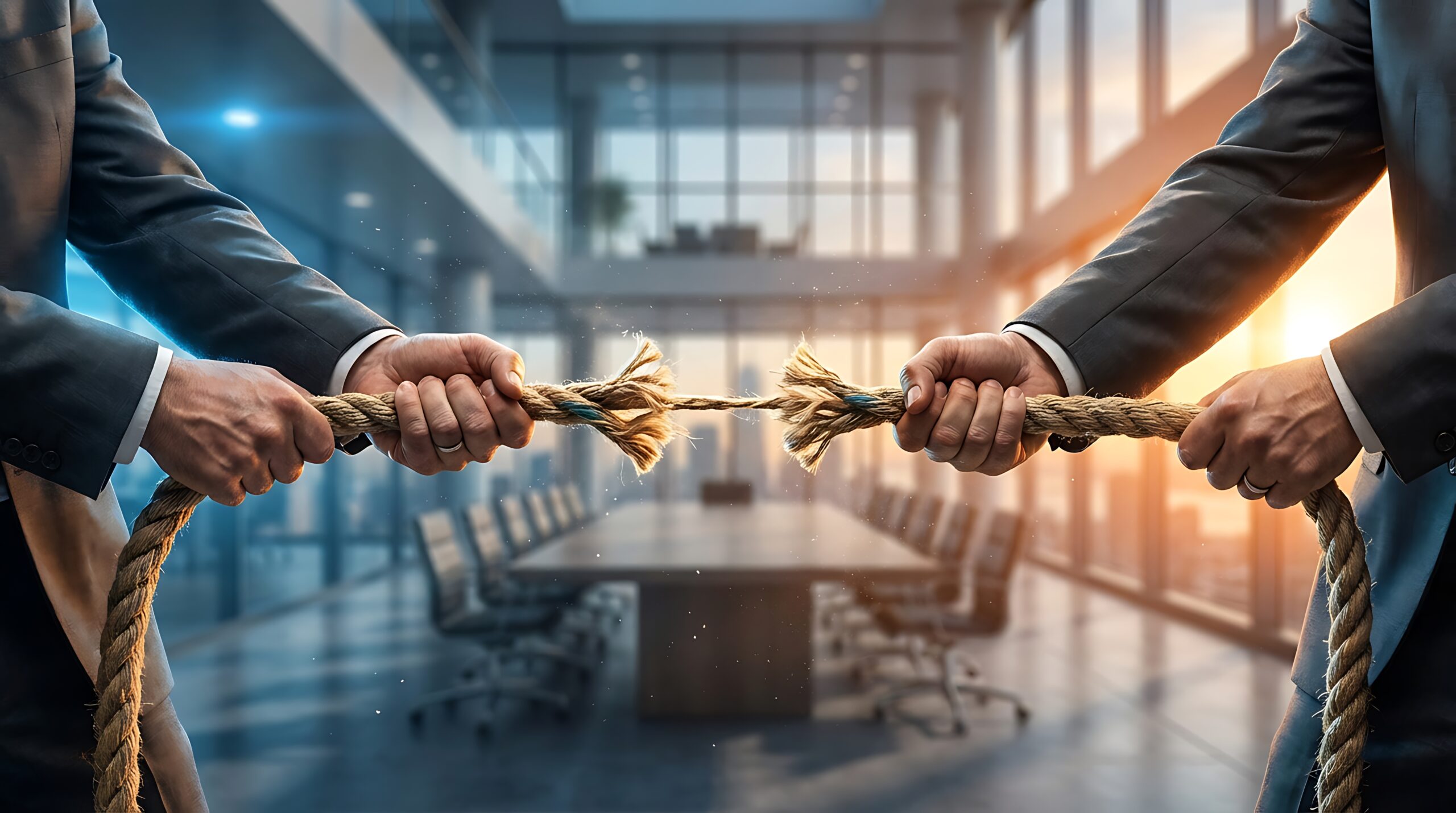 Businessmen Pulling Rope in Office Setting.